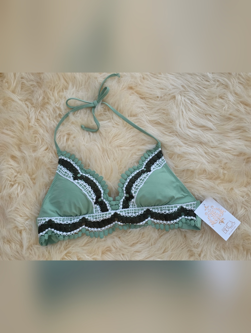 BECCA Green Lace-Trim Triangle Bikini Top Crochet NWT Medium